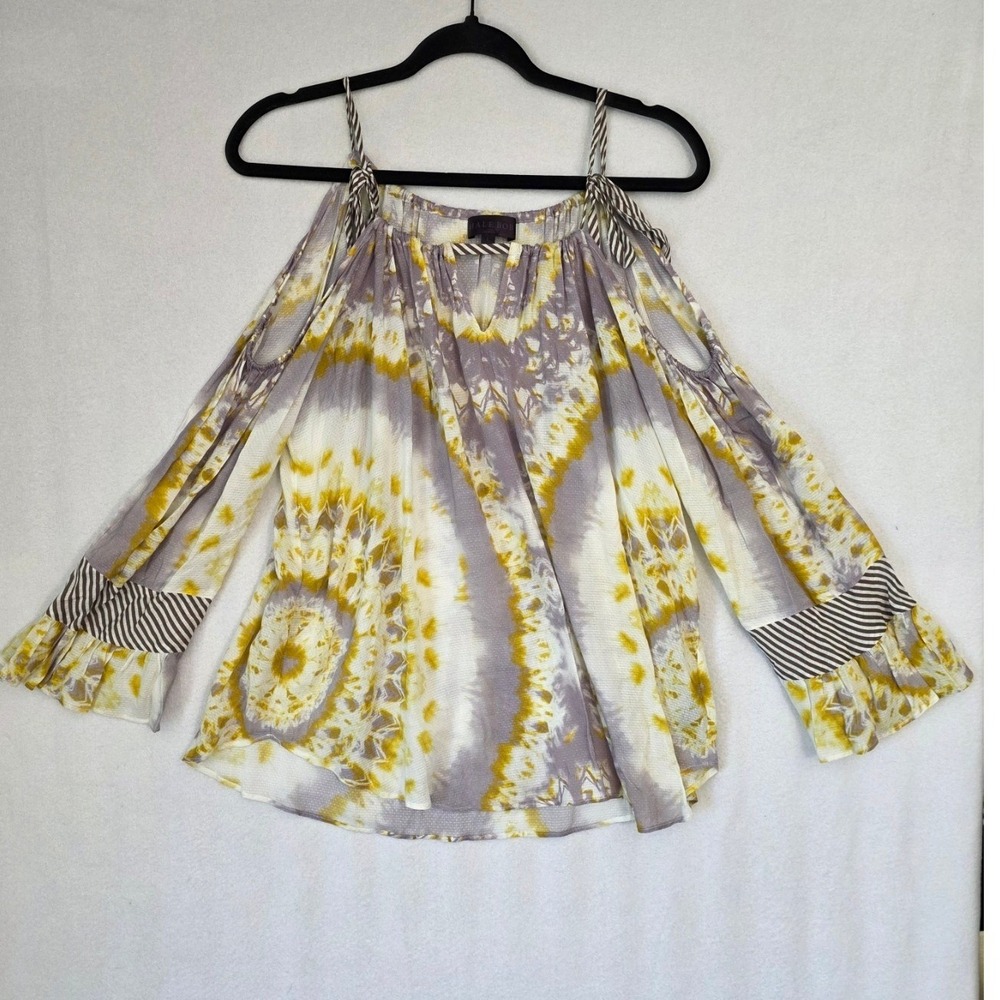 Hale Bob Cold Shoulder Blouse L Yellow Purple Viscose Tie Dye Boho 84SD2380